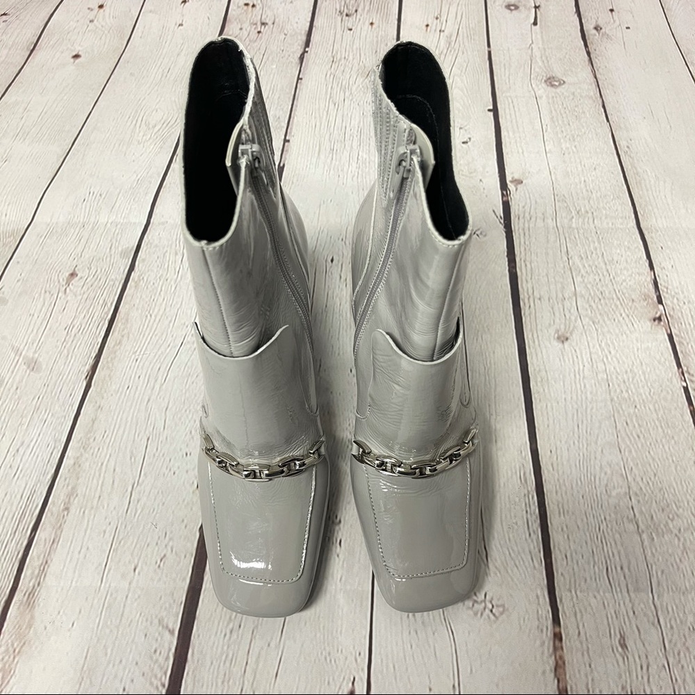 Jeffrey Campbell Gray Patent Chain-Trim Square-Toe Ankle Booties